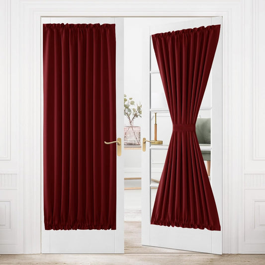 DWCN French Door Curtains – Rod Pocket Thermal Blackout Curtain for Doors with Glass Window, Kitchen and Patio Doors for Privacy, 54 X 80 Inches Long, 1 Curtain Panel with Tieback, Burgundy