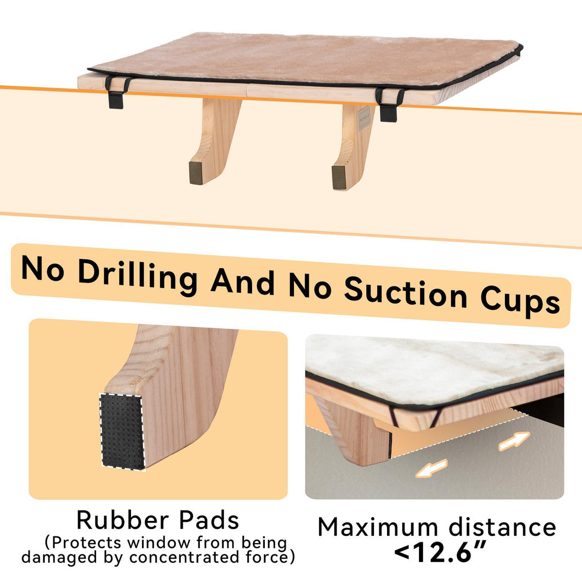 PETSFIT 2 Cats Design Window Perch, Cat Hammock Window Seat with Natural Wood &Removable Fleece Mat for Large Cats, Easy to Adjust&Assemble Cat Bed for Windowsill, Bedside and Drawer
