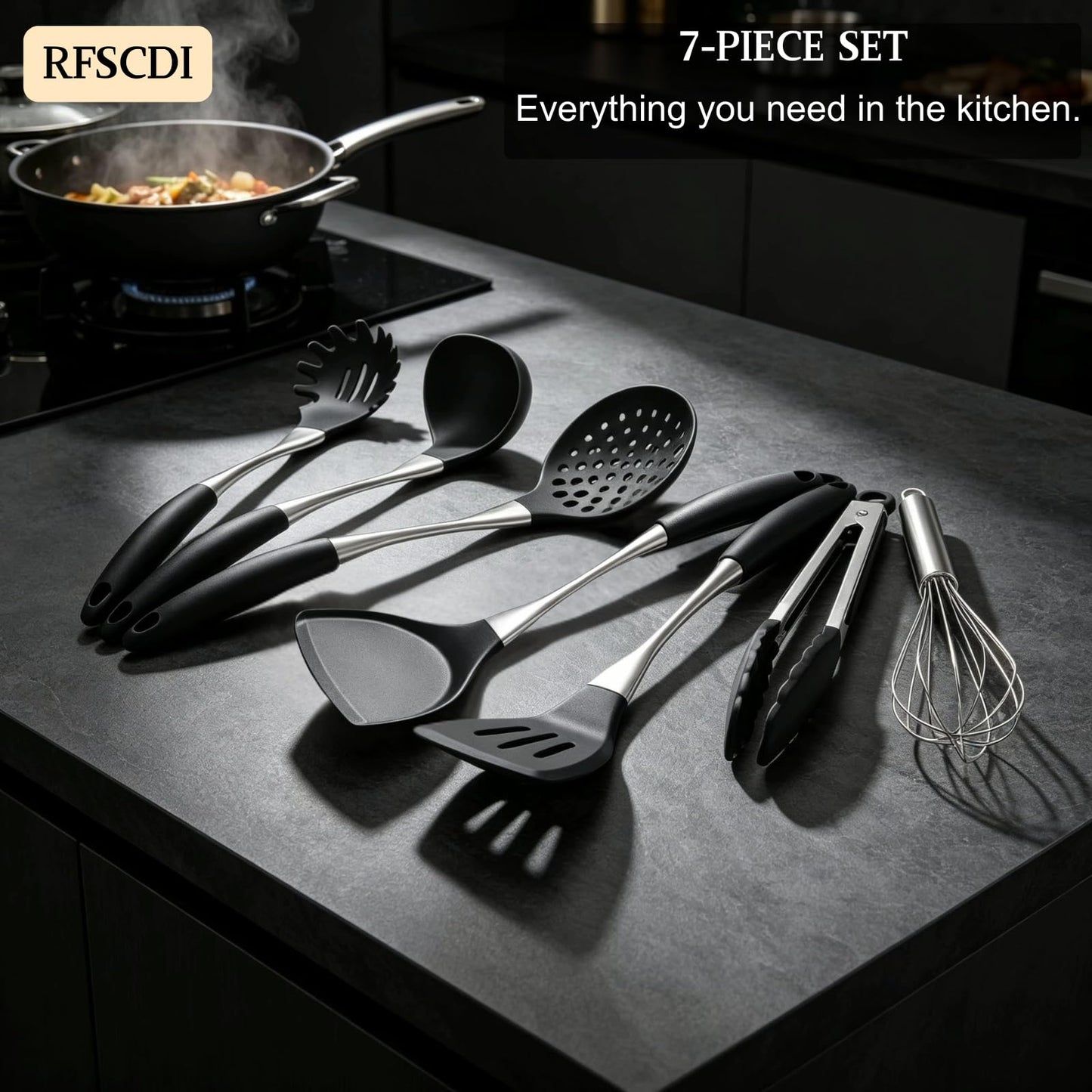 Premium Black Silicone Cooking Utensils Set - Non-Toxic, Heat Resistant& Non-Stick Kitchen Utensils Set with Spatula, Spoon, Whisk, Tongs, BPA Free, Dishwasher Safe, Black