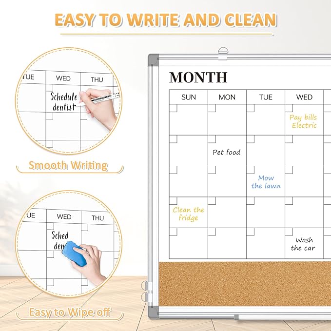 Dry Erase Calendar Whiteboard for Wall, 24"x18" Magnetic Monthly White Board Cork Board Combo, Double Sided, Aluminum Frame, Wall Hanging Wipe Board for Home, Office, School, Dorm