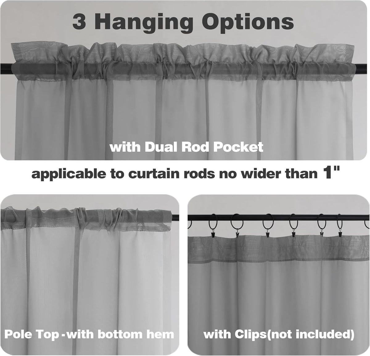 Chyhomenyc Charcoal Grey Sheer Curtains 45 Inch Long 2 Panels, Light Filtering Elegant Lightweight Soft Rod Pockets Drapes for Small Window Bathroom Living Room Bedroom, 42W x 45L inches