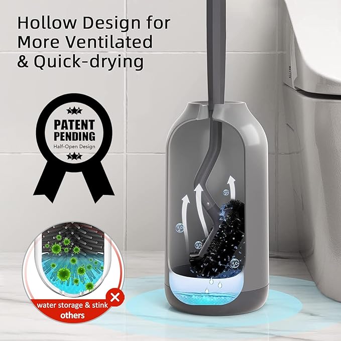 HAMITOR Toilet Bowl Brush Holder Set: Bathroom Deep Cleaning Toilet Cleaner Scrubber Under Rim with Curved Bristle for Dead Corner Clean - Hidden Rv Toilet Decorative Accessories with Caddy- Gray
