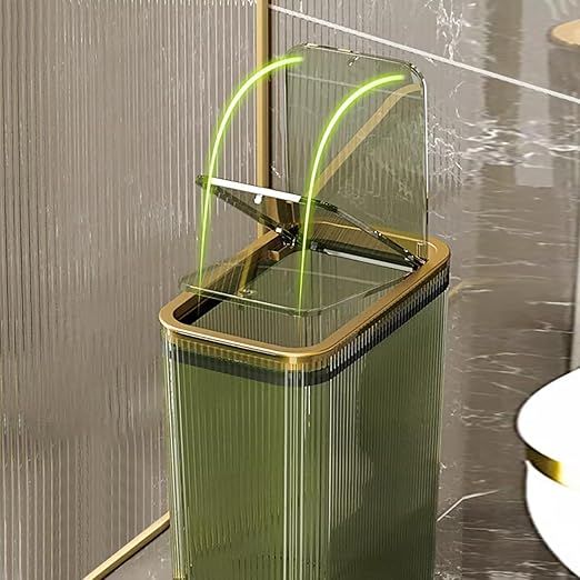 Transparent Trash Can, Bathroom Trash Cans with Lids, 2.6 Gallon Garbage Can for Bedroom, Office, Plastic Slim Waste Basket with Press Top Lid, 10L Clear Trash Bin for Home, Kitchen (Green)