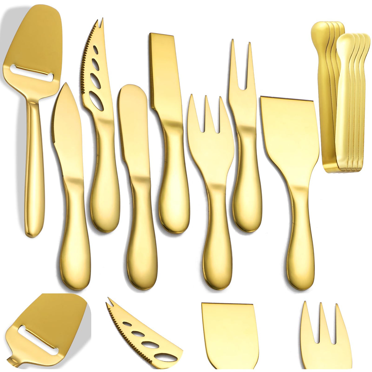 Premium Stainless Steel Gold Cheese Tool Set - 12 Piece Cheese Knife & Cheese Markers Gifts Set - Cut, Butter Spreader Slicer Mini Serving Tongs,Birthday Wedding Christmas All Your Favorite Cheeses