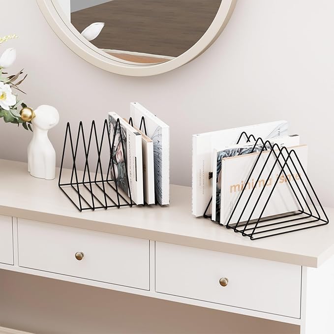 Urban Deco Triangle Desk Organizers Metal Wire Magazine Holder 7 Sections Decorative Organizer Vinyl Record Storage Office File Organizer For Desk - Black Magazine File Holder - Pack of 2