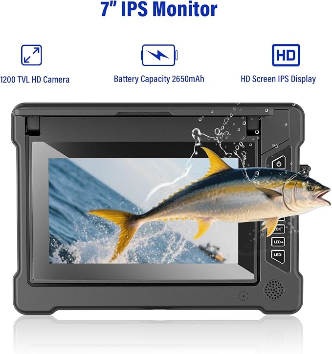 Underwater Fishing Camera, 7 inch HD IPS Monitor 1200TVL IP68 Wateproof Camera with 6 Pcs LED Lights + 6 Pcs IR Infrared Lights, 165°Wide Angle for Ice, Boat and Lake Fishing(100 FT/30 M)