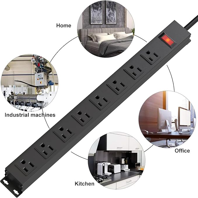 8 Outlets Heavy Duty Power Strip with 8 Ft UL 14AWG Power Cord Straight Plug and Switch,Wide Spaced Shop Power Strip Metal for Commercial,Industrial,School and Home,15A 125V 1875W,Black(8FT)