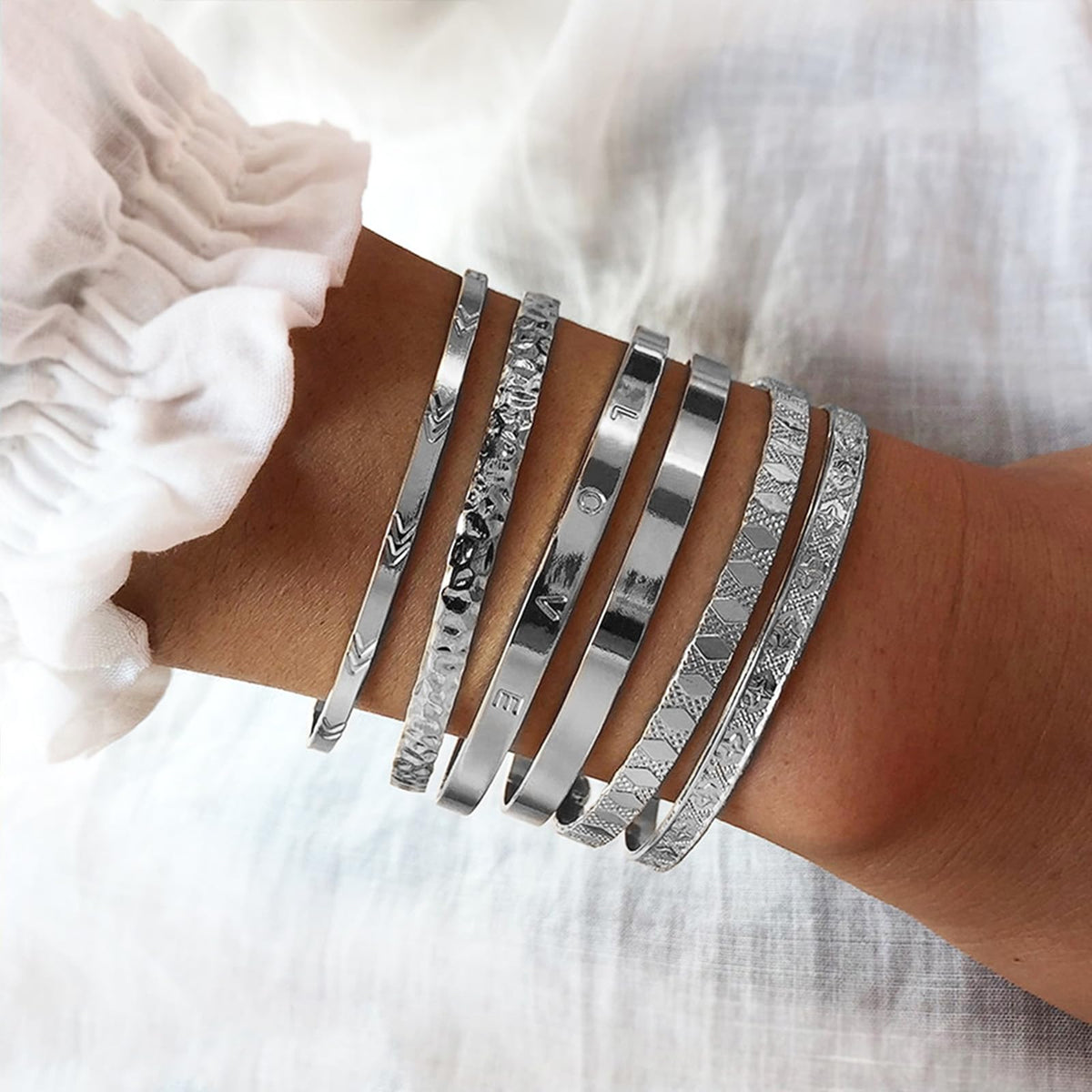 IFKM Silver Bangles Bracelets For Women, Silver Plated Multi Layer Stackable Cuff Bracelet Set, Trendy Elegance Charms Non Tarnish Minimalist Textured Boho Jewelry Gift for Women