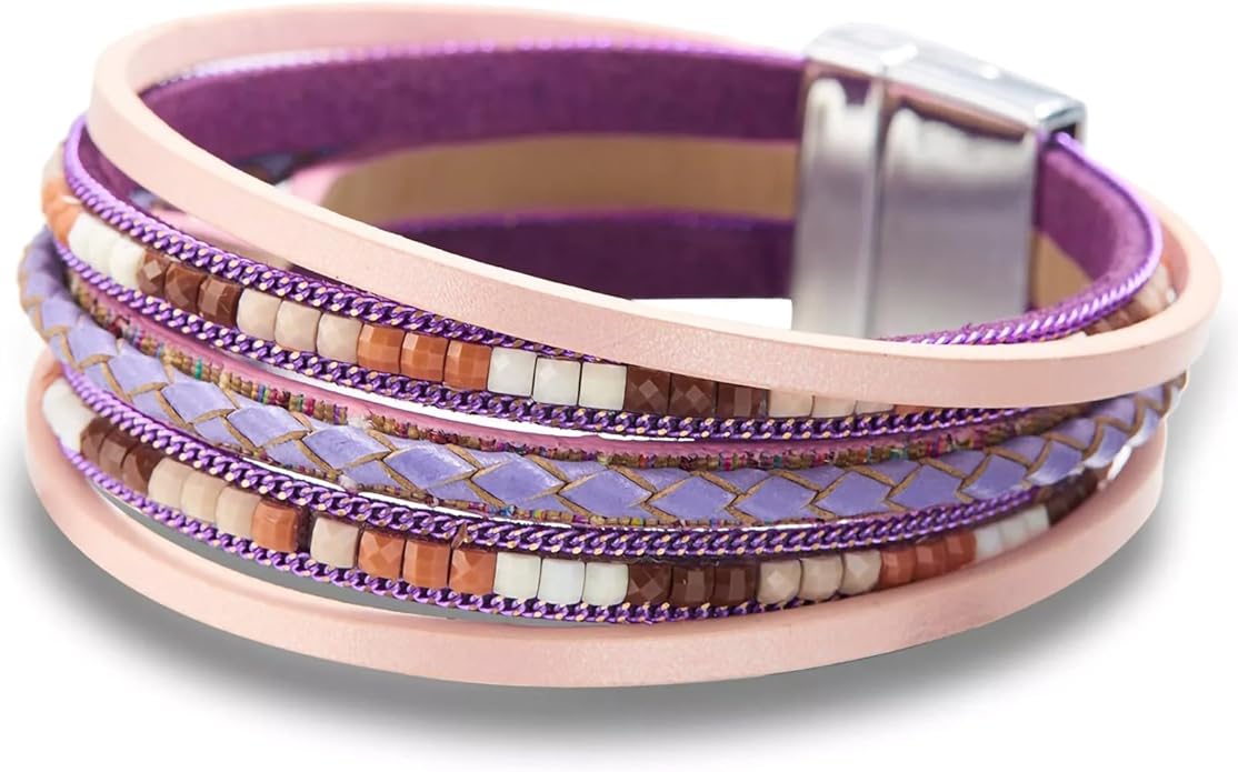 Fesciory Leather Wrap Bracelets for Women, Boho Leopard Multi-Layer Crystal Beads Cuff Bracelet Jewelry