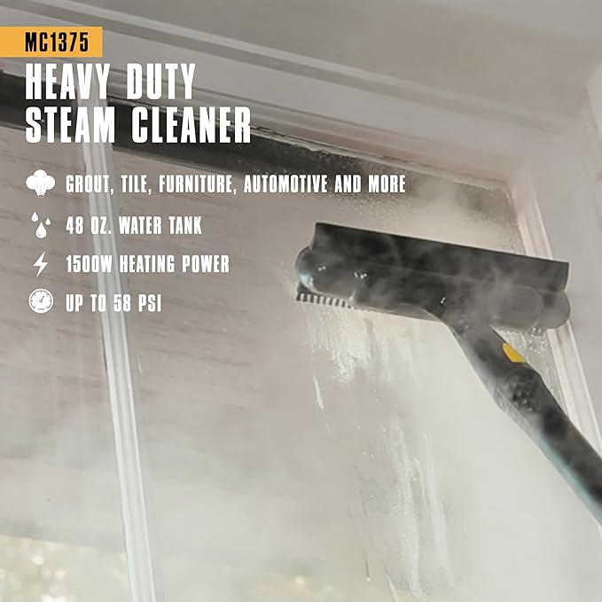 McCulloch Canister Steam Cleaner MC1375, 90 Minute Runtime, 20 Accessories, Jet Nozzle, Brushes, & More - Steam Cleaner for Home, Tile, Carpet, Furniture, & Personal Car Detailing