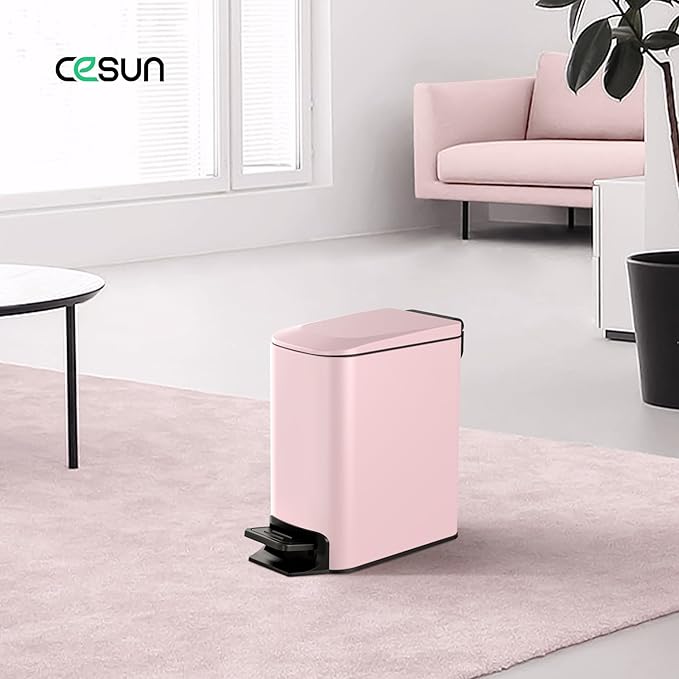 Cesun Small Bathroom Trash Can with Lid Soft Close, Step Pedal, 6 Liter / 1.6 Gallon Stainless Steel Garbage Can with Removable Inner Bucket, Anti-Fingerprint Finish (Pink)