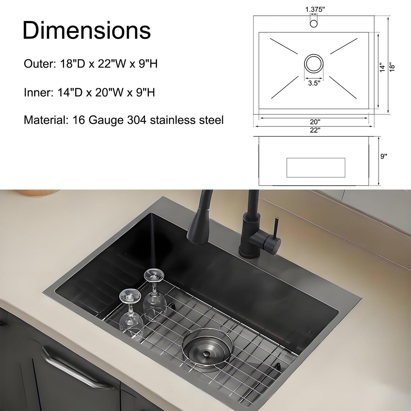 IKEBANA 22 x 18 inch Black Drop in Kitchen Sink, 16 Gauge Stainless Steel Topmount Kitchen Sink Single Bowl, Outdoor Small RV Bar Sinks with Strainer