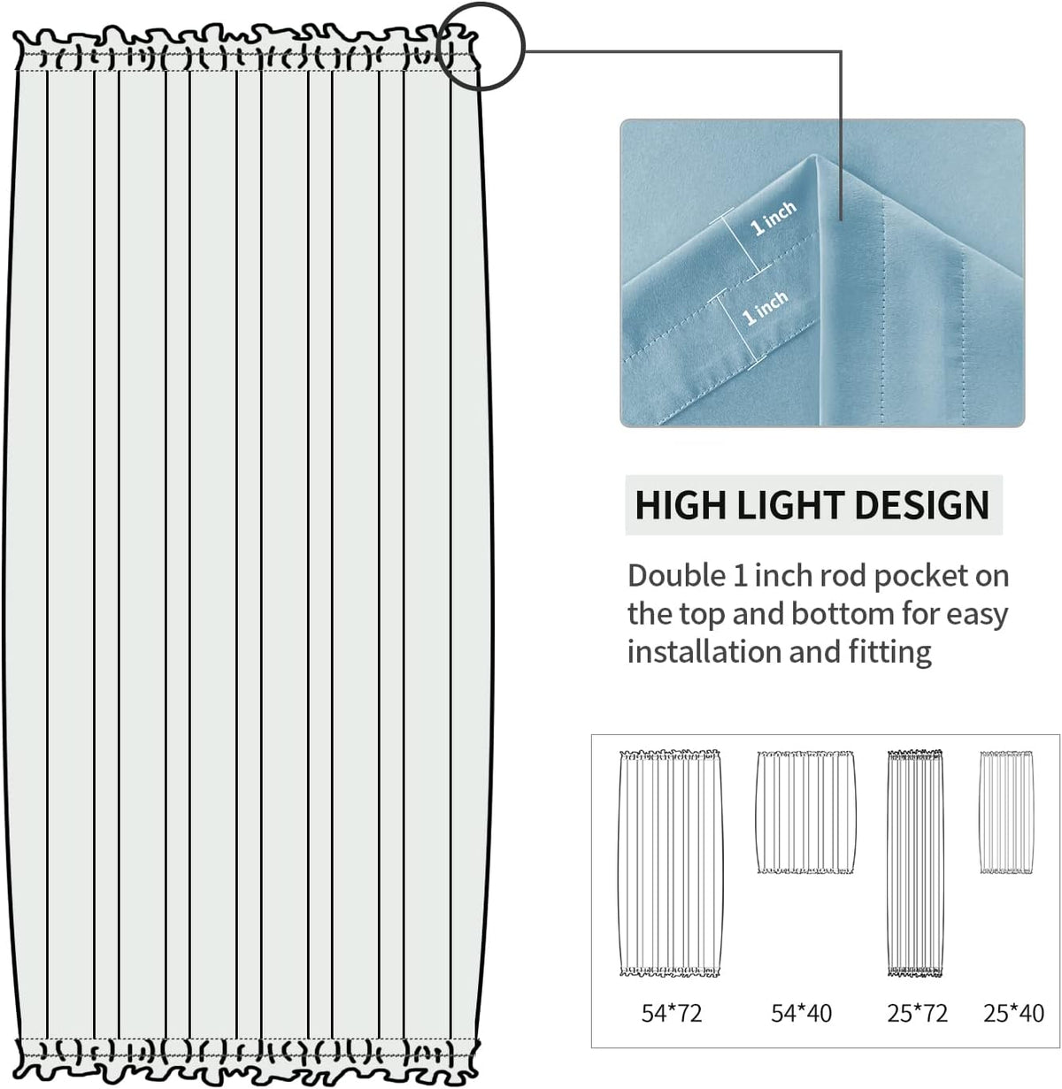 DWCN French Door Curtains – Rod Pocket Thermal Blackout Curtain for Doors with Glass Window, Kitchen and Patio Doors for Privacy, 25 X 72 Inches Long, 1 Curtain Panel with Tieback, Light Blue