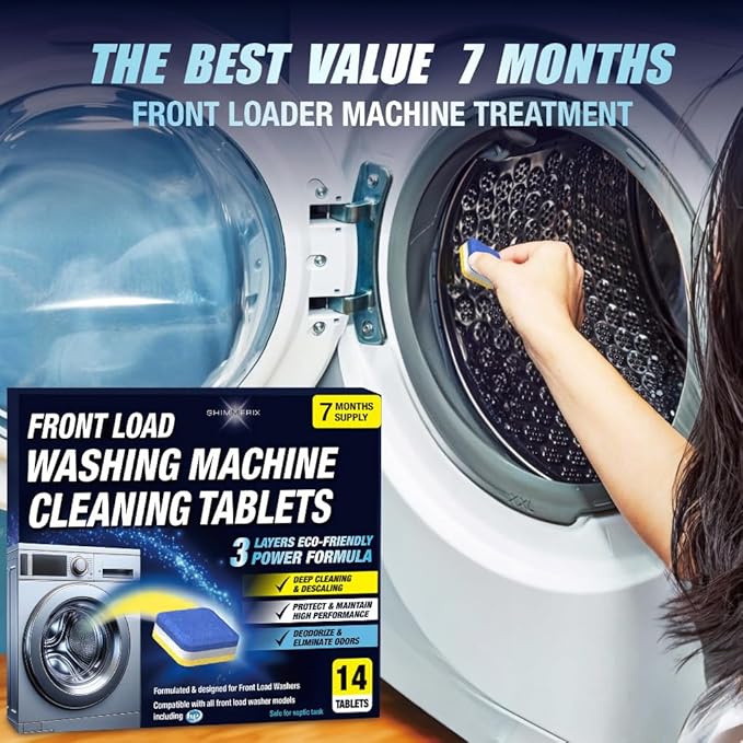 Washing Machine Cleaner Tablets 14 Pack for HE Front Load - Eco Friendly Washer Cleaning Tablets Formula - Pets Hair & Smell Solution - Septic Safe Descale Deodorize Protect - 1 Plus Year Supply