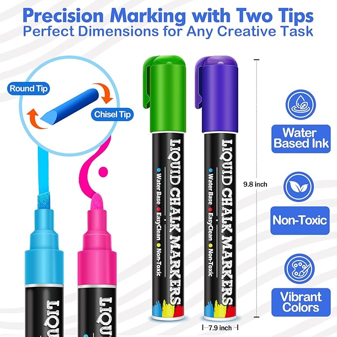 30 Pack Liquid Chalk Markers for Blackboard, Dry Erase Markers Pens for Chalkboard Calendar Window Car Glass, 6mm Reversible Tip, Dust-Free Chalk Pens for School Kids Bistro Businesses Restaurants