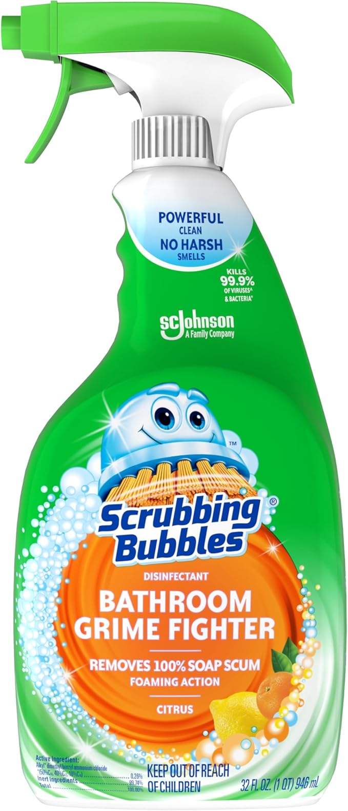 Scrubbing Bubbles Bathroom and Shower Cleaner Disinfectant Spray, Bathroom Grime Fighter, Citrus Scent, 32oz