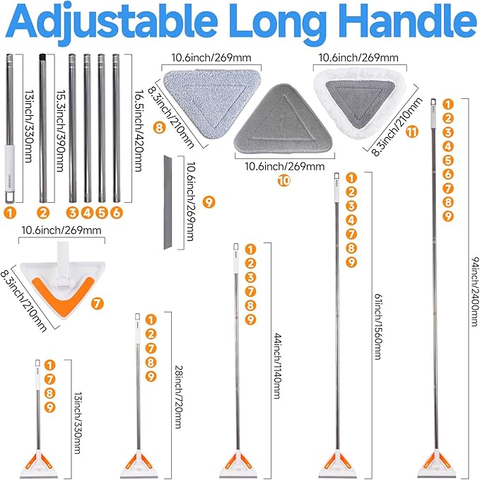 Wall Mop Cleaner with Long Handle,94” Multipurpose Wall Duster,Ceiling Mop,Window Mesh Screen Cleaner with Squeegee,Wall Cleaner Mops with 6 Replacement Pads for Painted Walls,Floor,Baseboard,Glasses