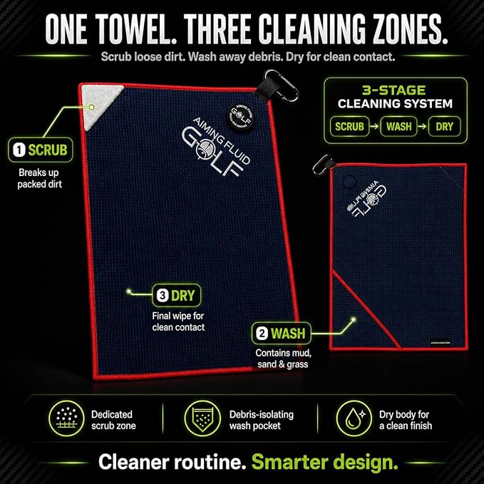 Magnetic 3-Stage Cleaning System Golf Towel - Microfiber Rag with Magnet for Golfcart Bags for Men and Women Golfers Accessories (Black, 16" x 24" Stubby)