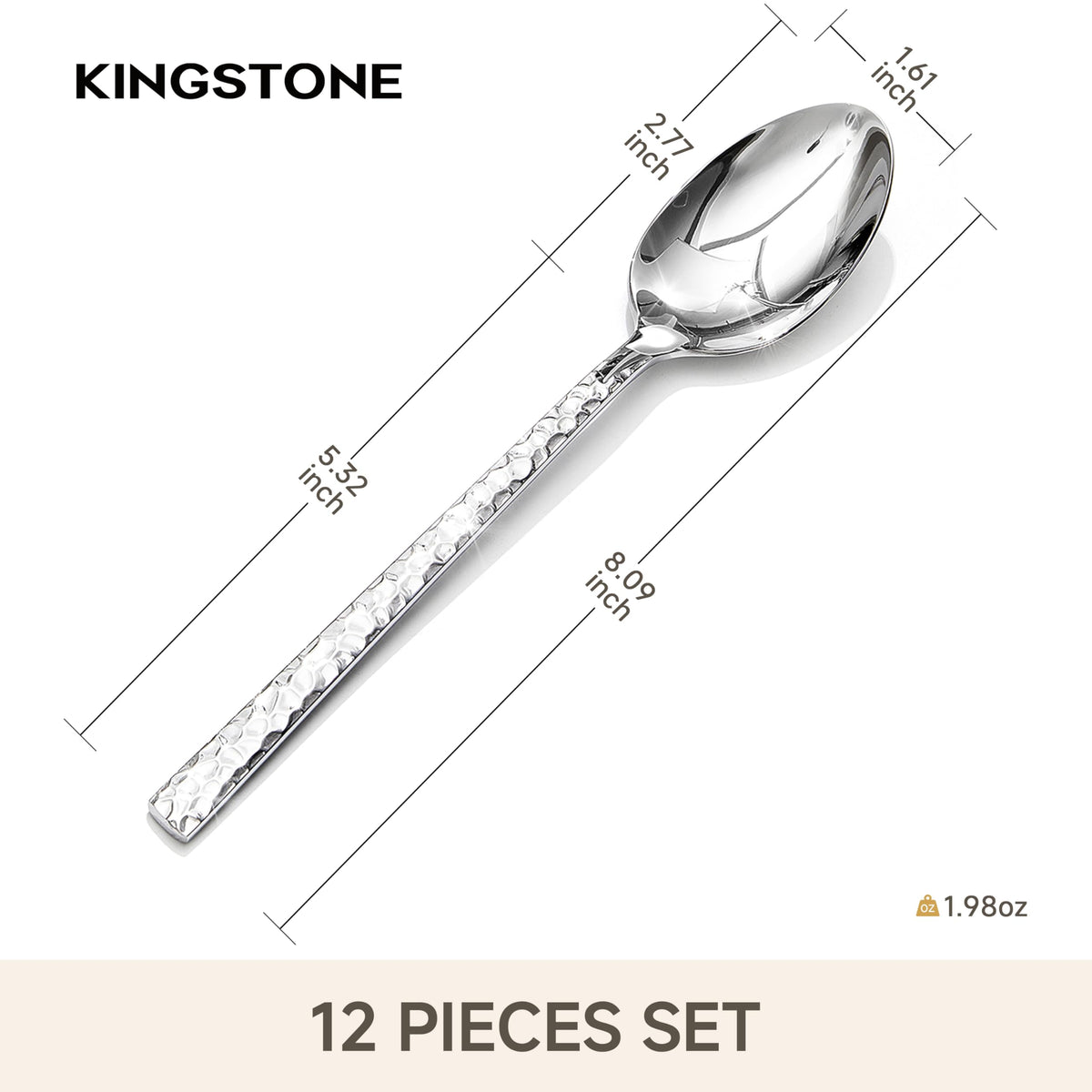 KINGSTONE 8.09-inches Hammered Dinner Spoons Set, 12-Piece 18/10 Stainless Steel Tablespoons, Food Grade Silverware Spoons for Home, Kitchen, Weddings, Parties or Restaurant, Dishwasher Safe