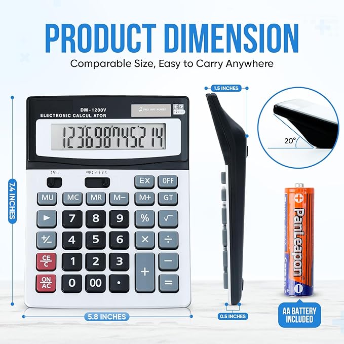 Calculator, 12-Digit Large LCD Display Calculators Desktop, Dual Powered Calculators for Office/School, Big Button Basic Desk Calculator with Standard Function