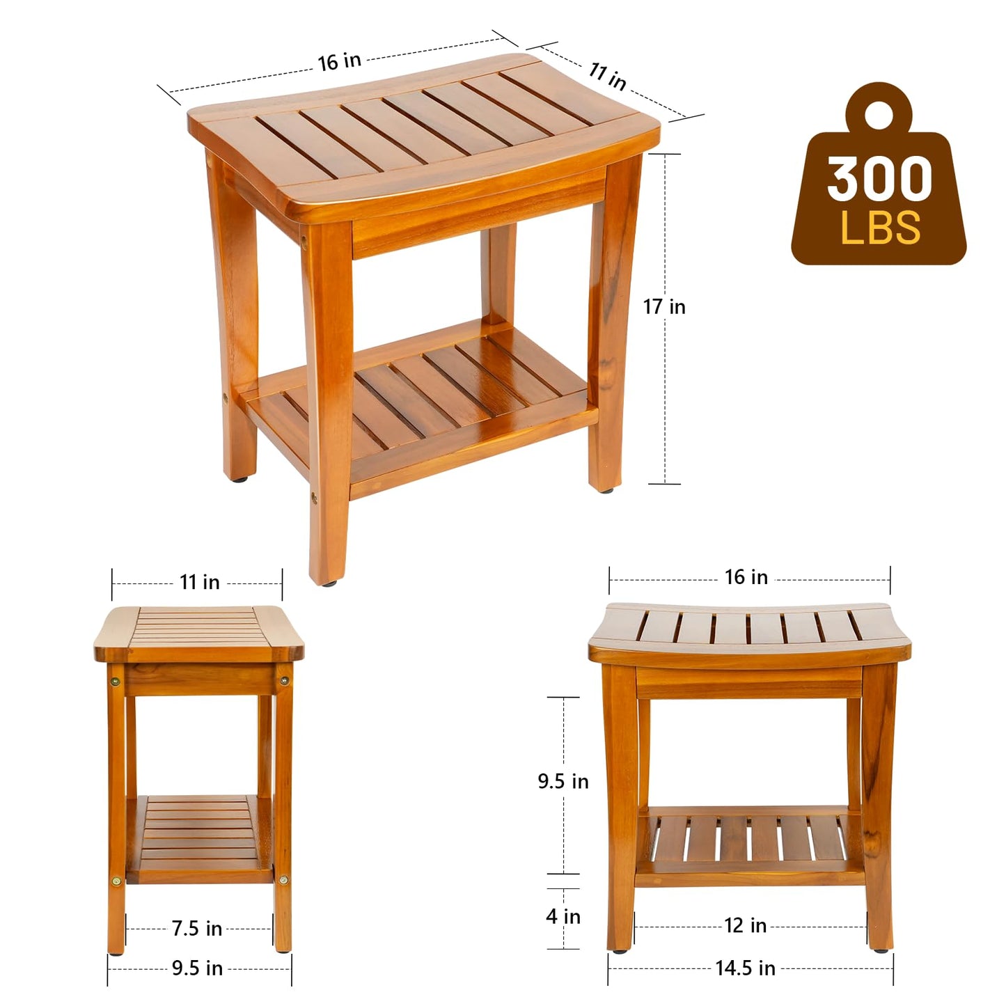 16" Compact Teak Shower Bench with Shelf, Premium Teak Shower Stool, Durable Waterproof Seat for Inside Shower, Solid Teak Wood Bench for Bathroom, Indoor & Outdoor Use