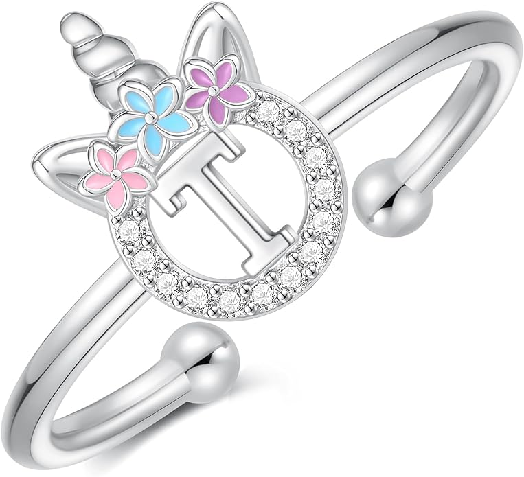 Unicorn Rings Gifts for Girls - Adjustable Initial Ring Dainty Cute Unicorn Rings for Girl Teens Little Girls Jewelry Birthday Gift