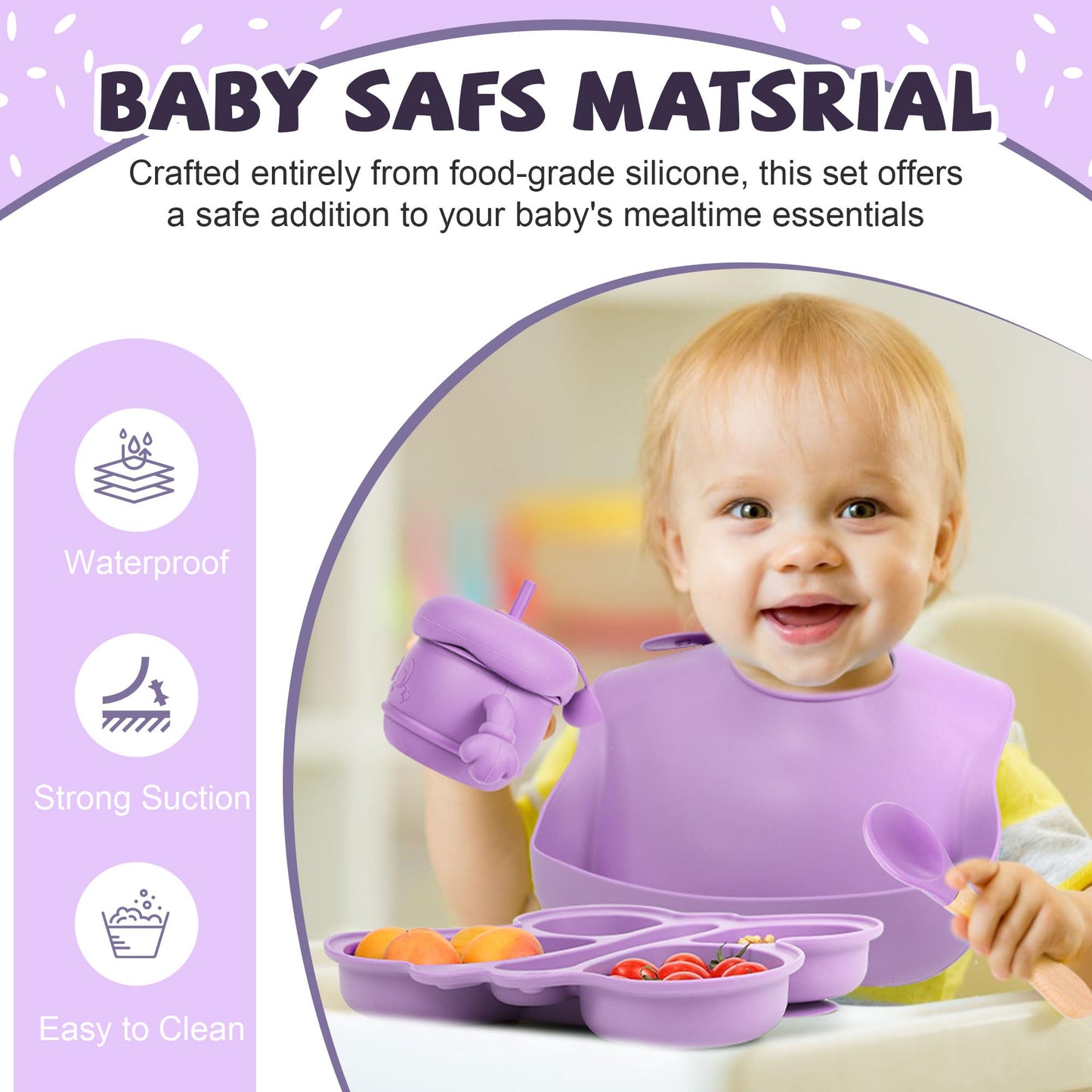 MIICASA Silicone Baby Feeding Set, Baby Led Weaning Supplies, Silicone Suction Butterfly Plate, Bowl, Spoons, Fork and Waterproof Bib & Cloth Bib, Eating Utensils Baby Feeding Essentials (Purple)