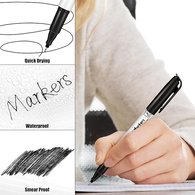 Aodaer 144 Pack Permanent Markers Black 0.5mm Ultra Fine Point Markers, Waterproof, Quick-drying, Smooth Writing Markers for Home Office School Supplies, Works on Wood, Plastic, Metal