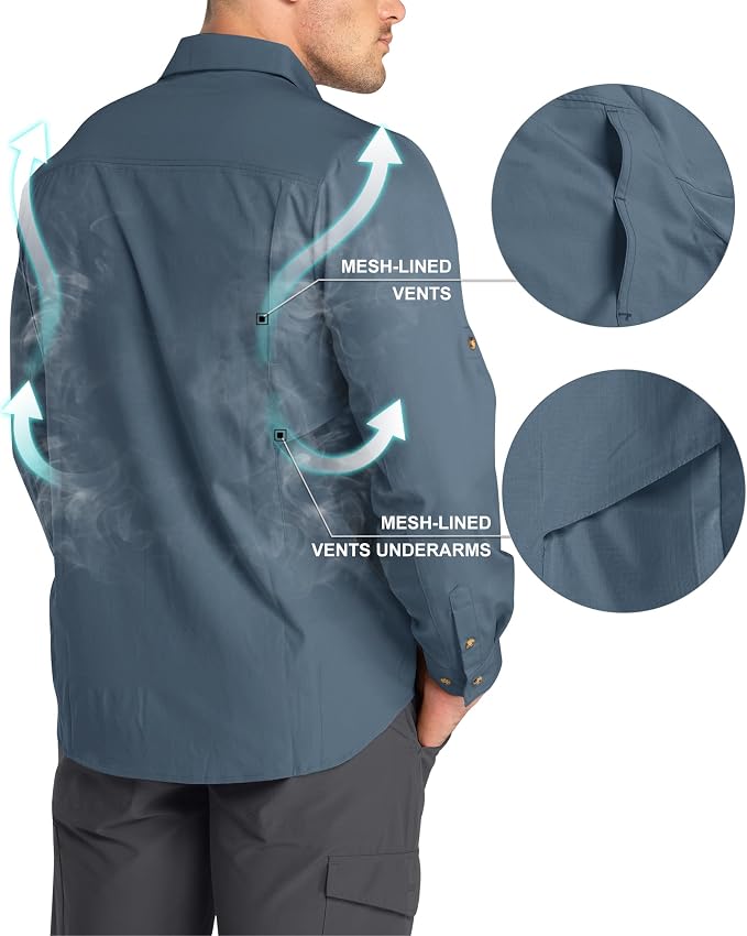 33,000ft Men's Long Sleeve Hiking Shirts Lightweight Quick Dry Sun Protection UV UPF 50 Fishing Shirt Outdoor Safari Travel
