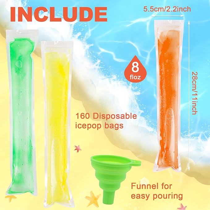 LOMIMOS 160PCS Disposable Ice Popsicle Mold Bags,BPA Free Freezer Tubes With Zip Lock Seal Funnel for Healthy Snack Yogurt Stick Juice Fruit Smoothies Ice Candy Pops Family Party(11"x2.2")