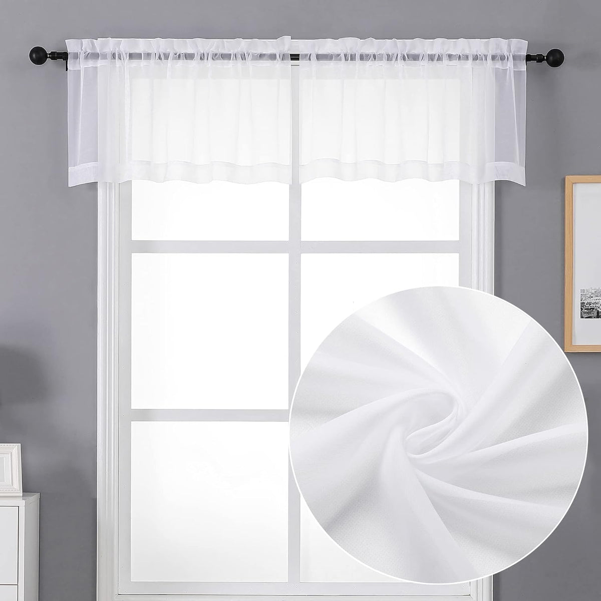 Chyhomenyc Sheer White Valances for Windows 2 Pack, Small Window Curtains for Living Room Bathroom Cafe Laundry Basement, Modern Top Dual Rod Pocket Voile Curtain, 42W x 14L inches, White