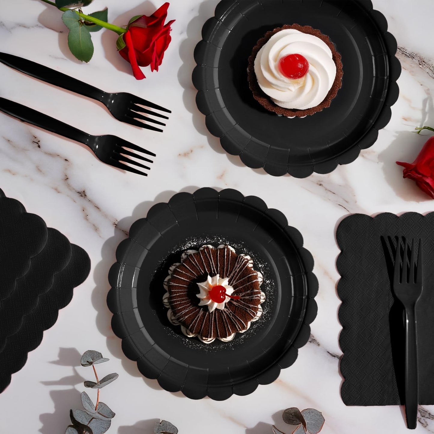 Tyzarglef 105PCS Paper Plates and Napkins Set, 7 Inch Scalloped Disposable Tableware with Forks for Birthdays, Garden Parties & Outdoor Events, Serves 35 (Black)