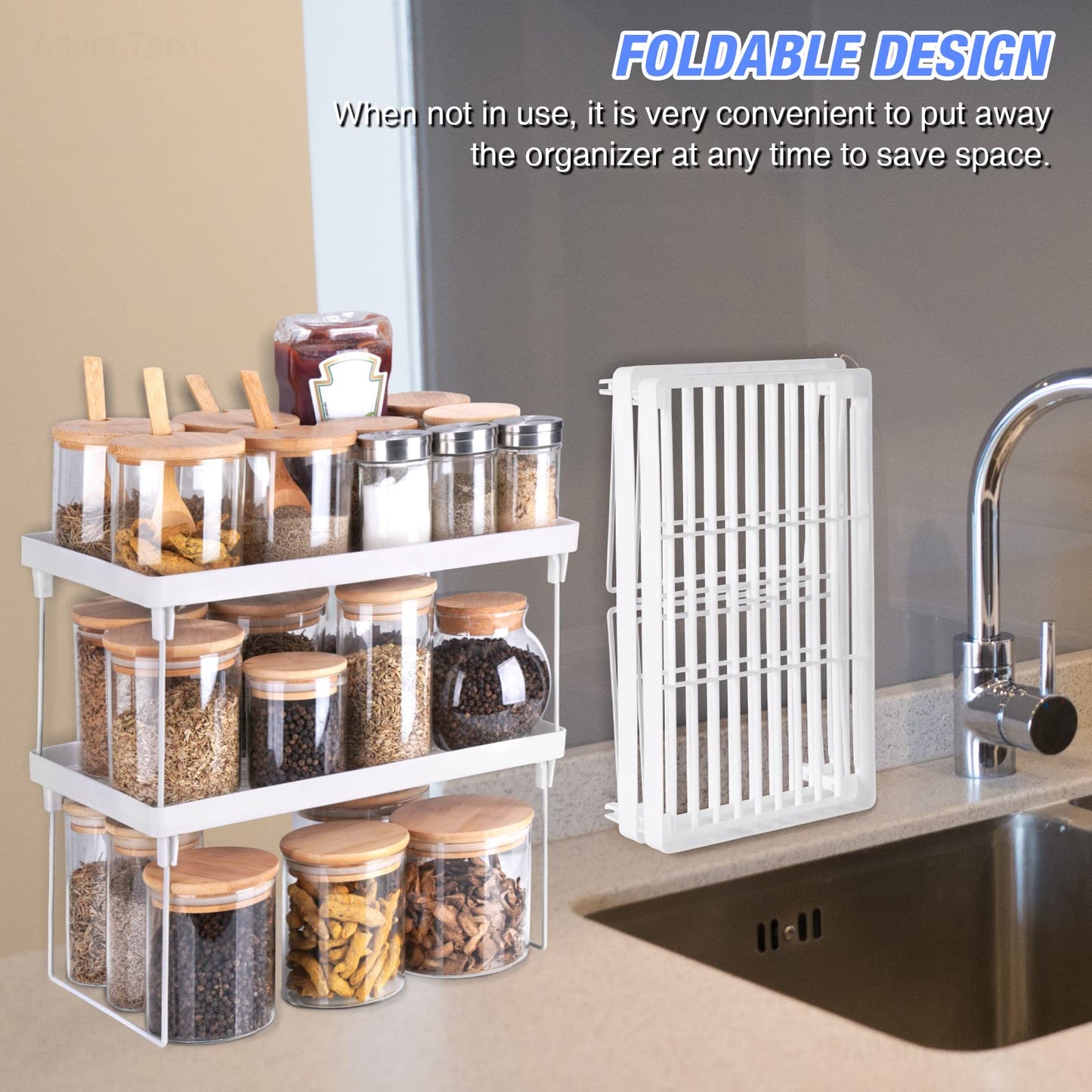 NiHome 4-Pack Stackable Plastic Kitchen Storage Shelf Foldable Rack - White Kitchen Cabinet Organizer and Storage Shelves Stackable Expandable Storage Racks for Counter Cabinet Pantry