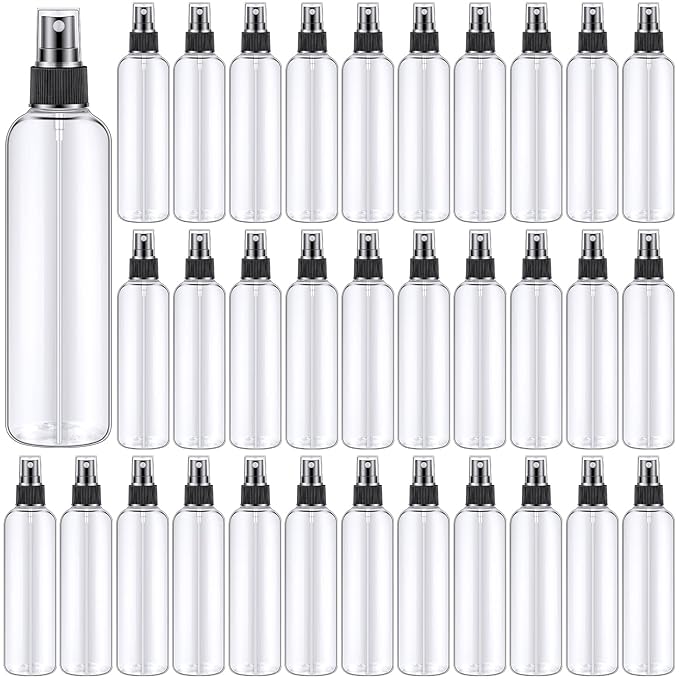 Eccliy 32 Pcs 8 oz Spray Bottles Fine Mist Cleaning Bottles Clear Empty Plastic Travel Sprayer Refillable Sprayer with Cap for Cleaning Solutions Oils Travel Perfumes(Black,Clear)