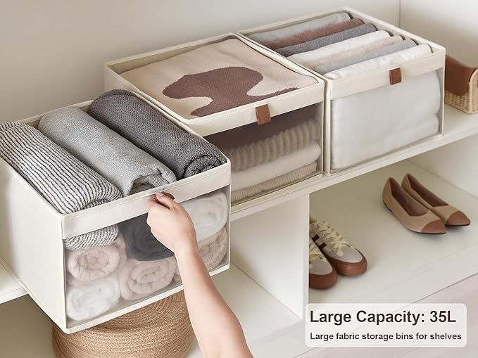 StorageWorks Closet Storage Bins, Extra Large Storage Baskets with Clear Window and Handles, Foldable Fabric Organizer for Clothes, Shelves, Beige, 3 Pack