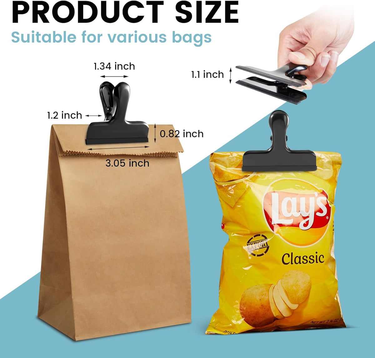 HOUSE AGAIN 8 Pack Stainless Steel Chip Bag Clips Covered with Silicone - NO More Sharp Edges - Color Coded for Food Bags - Air Tight Seal, Heavy Duty for Kitchen and Office, 3 Inches Wide, Black