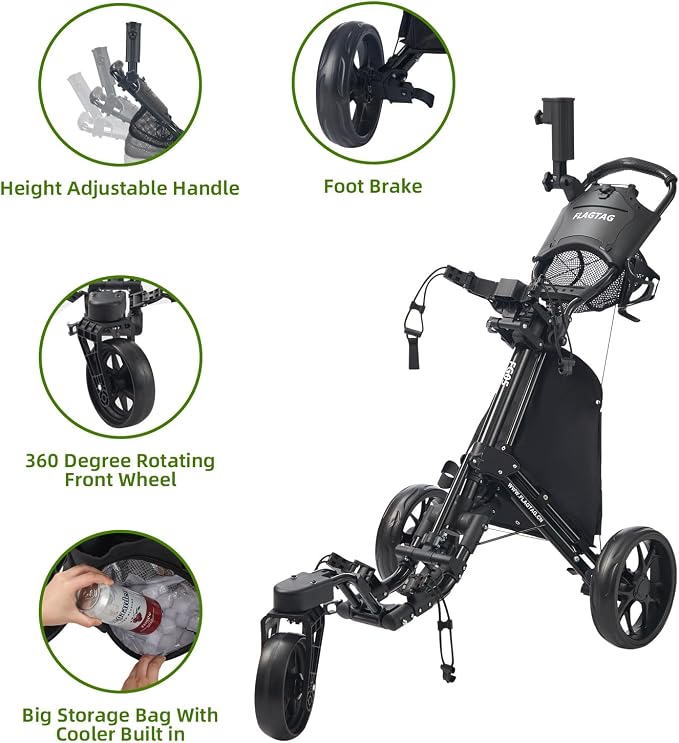 FLAGTAG Golf Push Cart 3 Wheel with 360 Swivel Front Wheel,Lightweight and Foldable Walking Golf Cart，One-Click Foldable,with Foot Brake