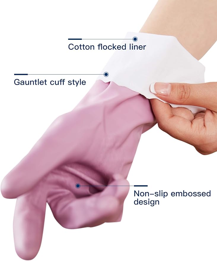 LANON 3 Pairs wahoo Skin-Friendly Cleaning Gloves, Dishwashing Kitchen Gloves with Cotton Flocked Liner, Reusable, Non-Slip, Mauve Mist, Small