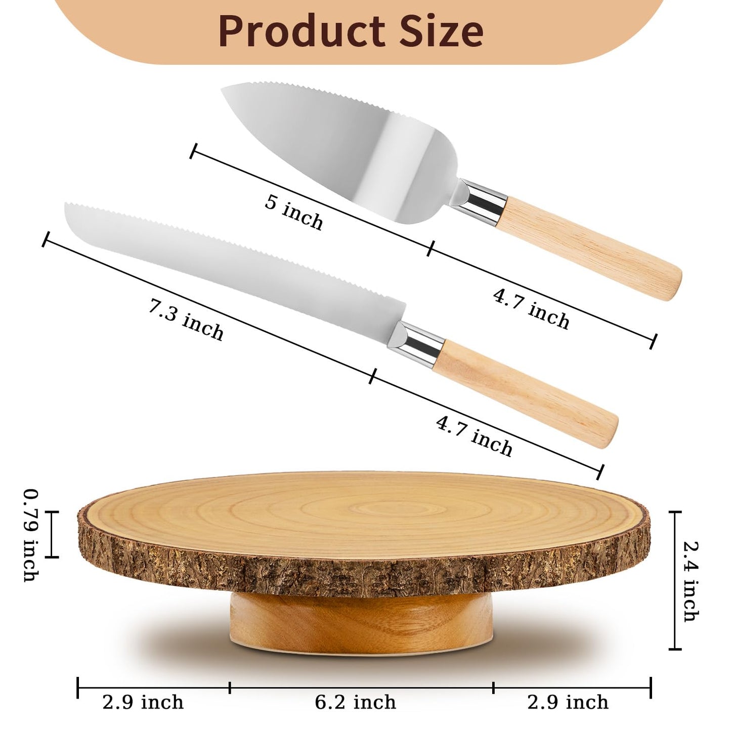 YICMY 12" Rotating Wood Cake Stand with Cake Cutting Set (Knife and Server) - Rustic Wooden Cake Turntable for Decorating, Party, Wedding, Baby Showers, Reception, Event - Ideal Baking Gift & Decor