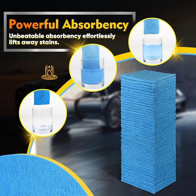 HOMEXCEL Blue Shop Towels 100 Pack, Reusable Microfiber Towels for Cars, Bulk Multipurpose Microfiber Cleaning Cloths, Lint Free Cleaning Rags for Car, House and Kitchen, 11.5 x 11.5 inch
