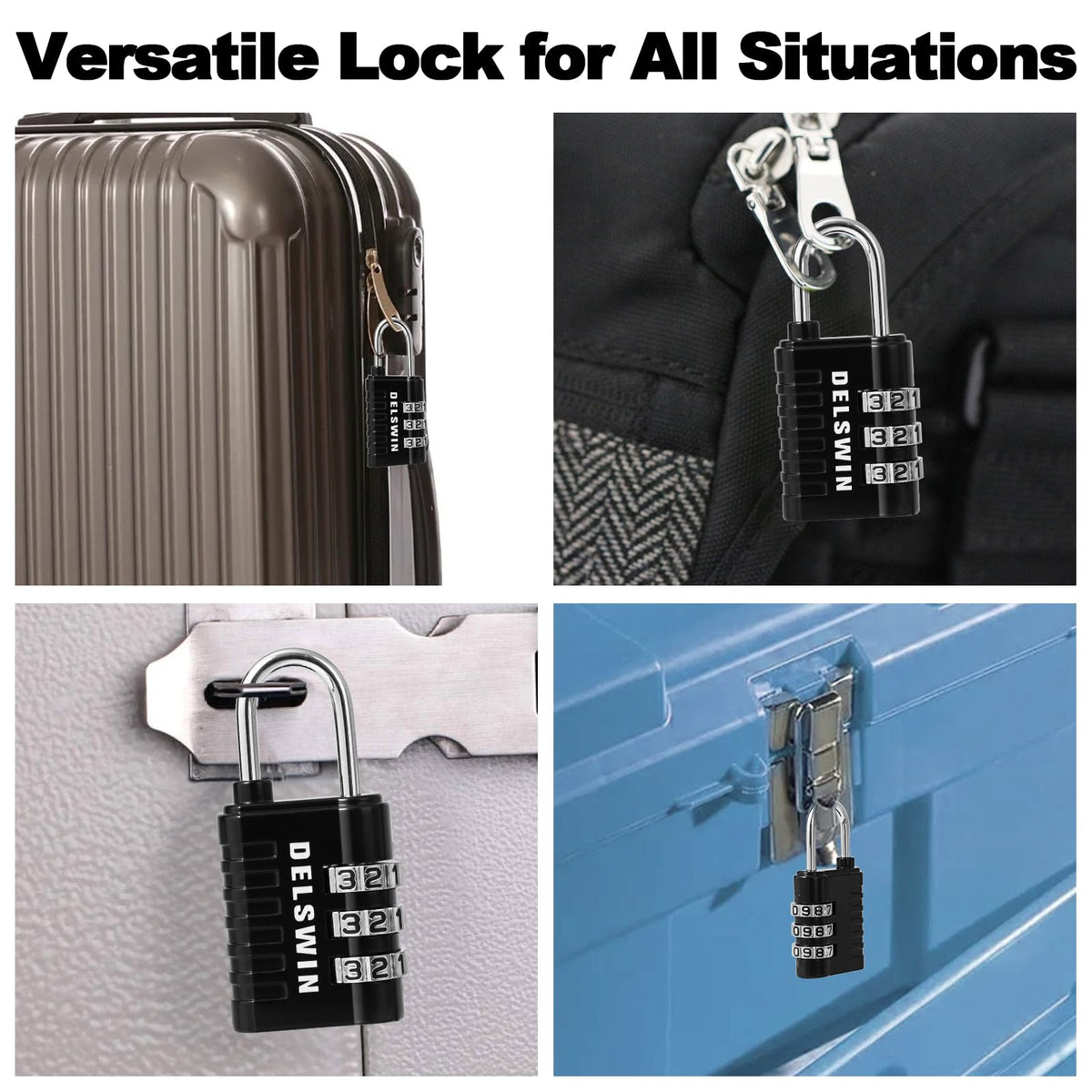DELSWIN Combination Lock 3-Digit Small Padlock - 4Pcs Resettable Combo Lock for School Gym Locker, Outdoor, Fence, Gate, Waterproof Luggage Locks for Travel Backpack