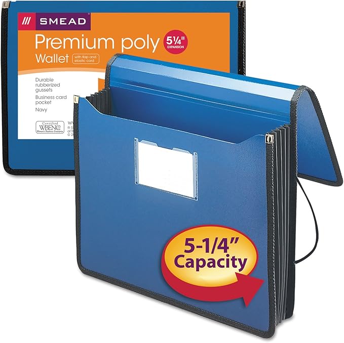 Smead Poly Wallet, Accordion File Organizer for File Folders, Letter Size, Blue, 5-1/4 inch Expansion, Office Supplies, Document Organizer (71503)