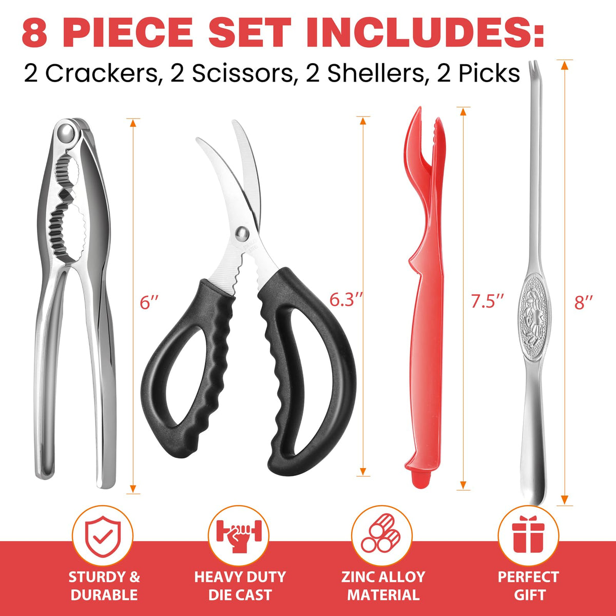 8pcs Premium Crab Crackers and Tools Set, Stainless Steel Crab Leg Cracker Tool, Seafood Scissors, Picks, Shellers, and Storage Bag