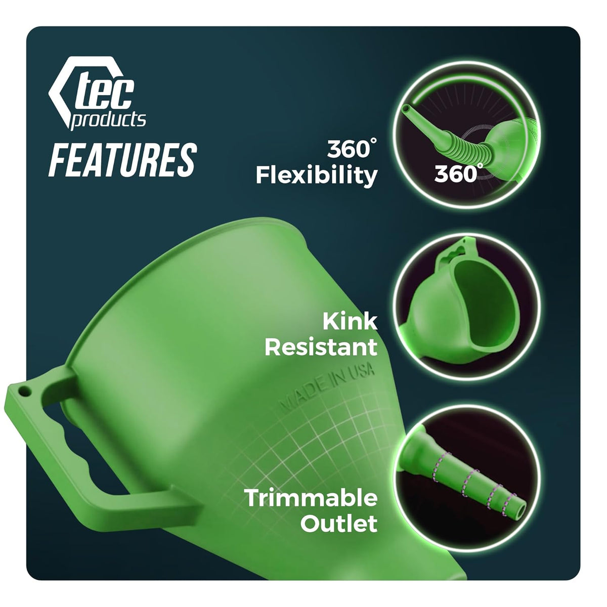 TEC Products FlexAll Long Flexible Funnel for Automotive Use - Durable Nitrile Rubber - Ideal for Car Oil Change, Transmission Funnel Fluid, Diesel, Fuel, Gas - Made in USA - Green (16 x 5 Inches)