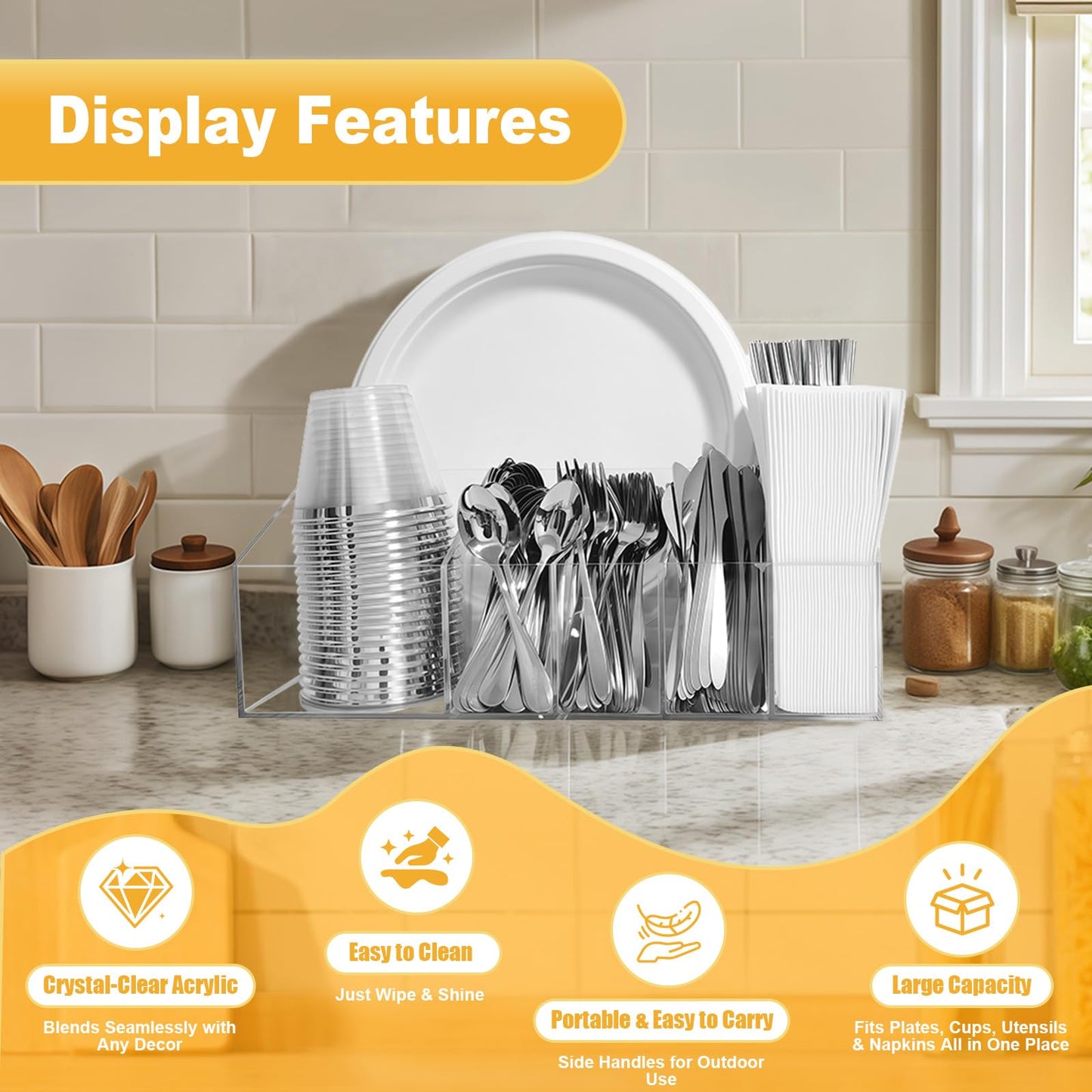 Truxwal Acrylic Paper Plate Organizer and Dispenser – 6 Compartment Plate and Utensil Caddy for Plates, Cups, Napkins and Cutlery, Ideal for Kitchen, Parties, Picnics, Weddings, and Outdoor Events