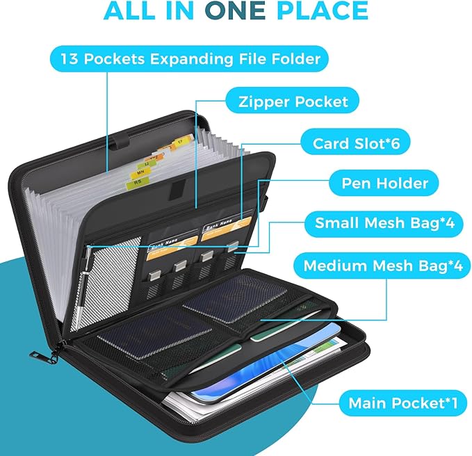 Accordion File Organizer with Combination Lock,Fireproof Expanding File Folder with Multi Pockets,13 Pockets Document Organizer with Handle & Labels,Portable Home Travel Safe Storage Letter A4 Files
