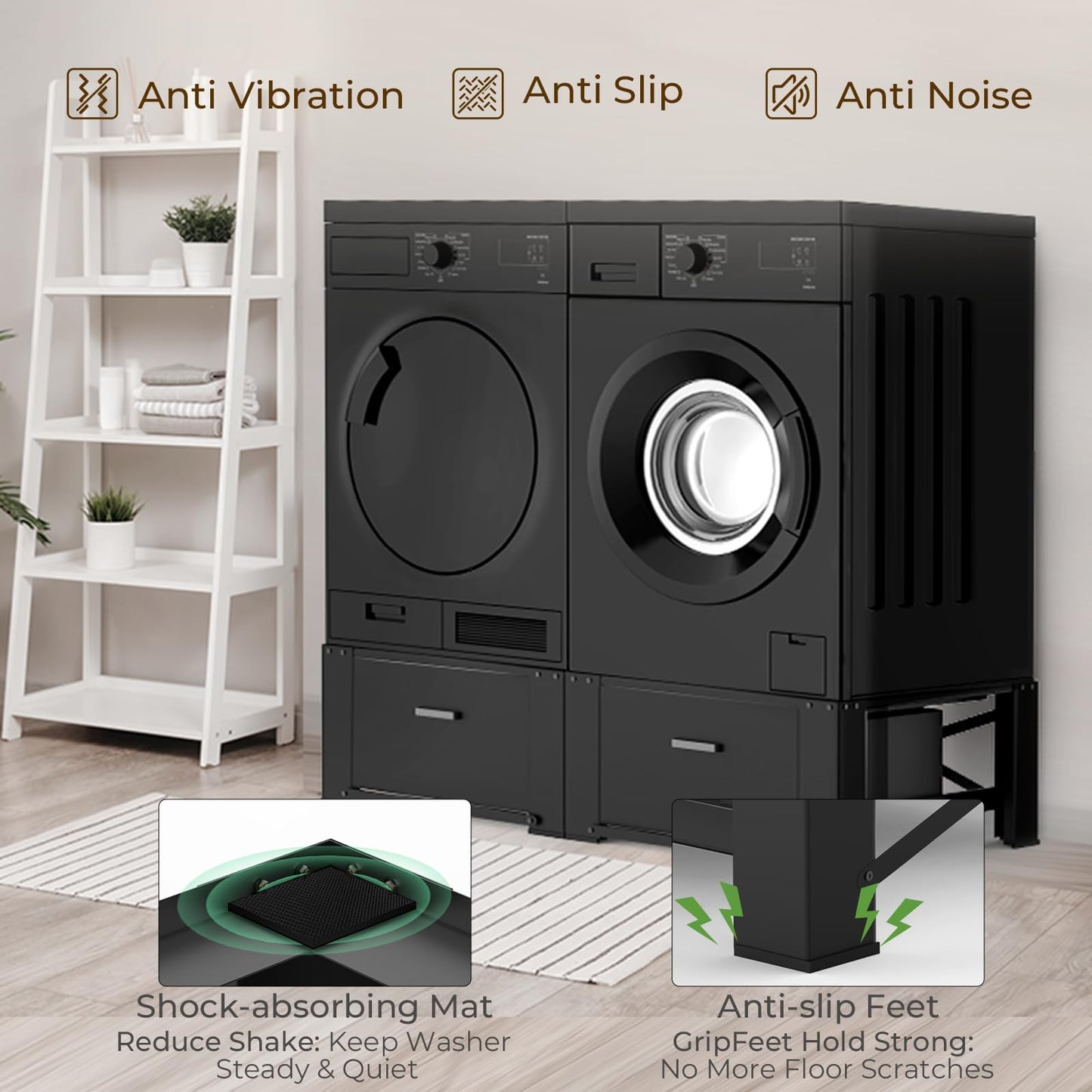 SKM Washer and Dryer Pedestal with Drawer, Laundry Pedestal for Washer and Dryer Stand, Heavy Duty Steel Washing Machine Stand Height Raiser (2, black, 29" W x 29" D x 14" H)