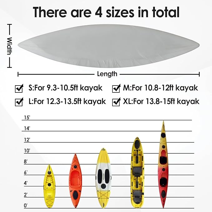 Kayak Cover,420D Heavy Duty Waterproof & UV Resistant Kayak Covers for Outdoor and Indoor Storage,Tear and Fade Resistant Canoe Cover (Grey, XL (for 13.8-15ft Kayak))