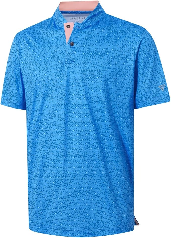 M MAELREG Golf Shirts for Men Collarless Performance Dry Fit Stretch Henley Casual Printed Mens Polo Shirts Short Sleeve