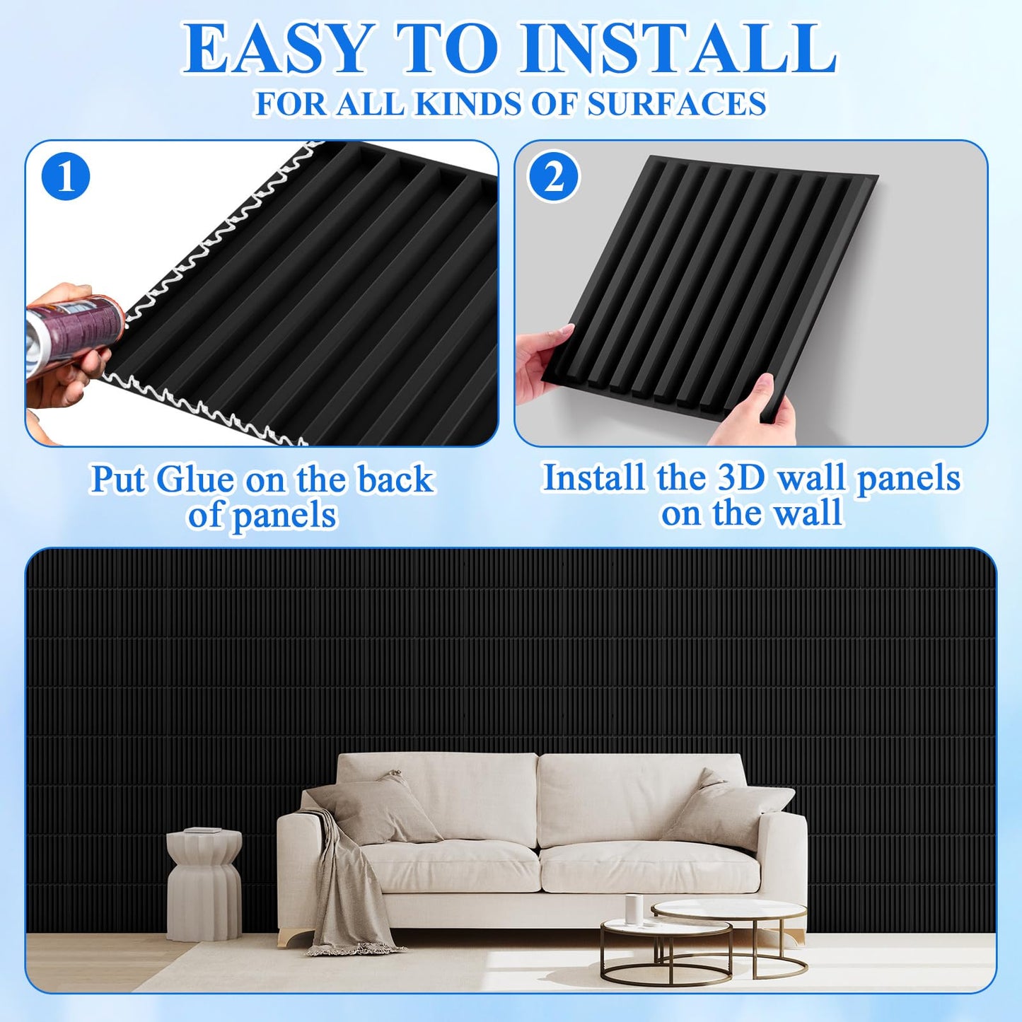 Nuanchu 32 Pcs 3D Wall Panels for Interior Wall Decor, 12''x12'' Fluted Textured Black Accent Tiles Waterproof Paintable for Living Room TV Background Bedroom Bathroom Gaming Room, 58 Sq. ft Coverage